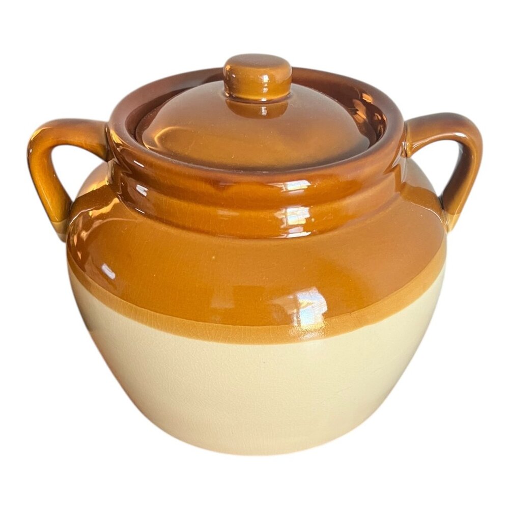 Vintage Stoneware Brown and Cream Crock Bean Pot with Lid and Handles 7” X 10”